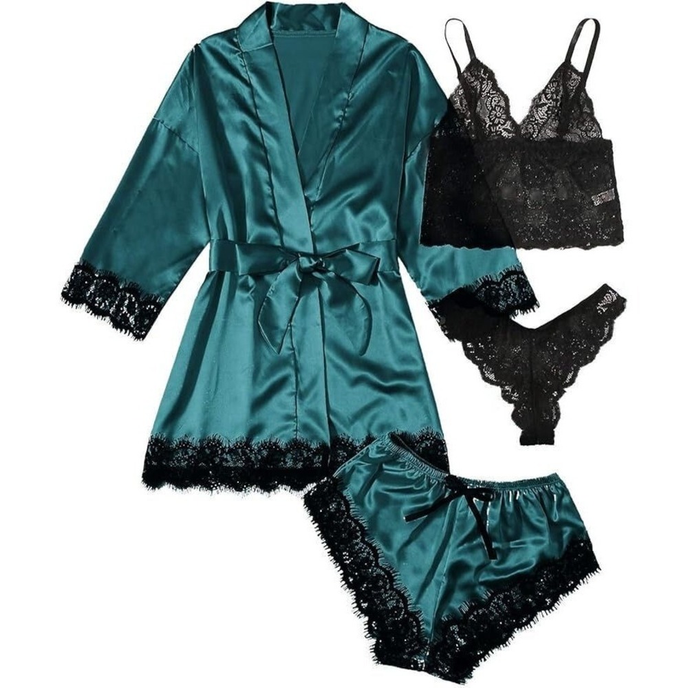 Women's 4pc Sexy Silk Satin Sleepwear PJ Set w/ Robe - Floral Lace - Green - XL